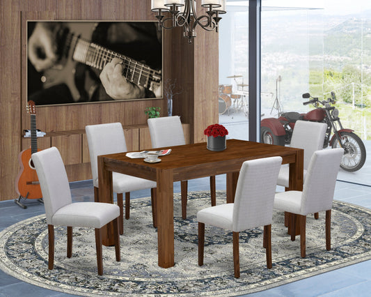 7-Piece Antique Walnut Dining Set with 6 Grey Linen Chairs