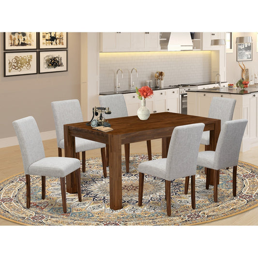 7-Piece Antique Walnut Dining Set with 6 Doeskin Linen Chairs
