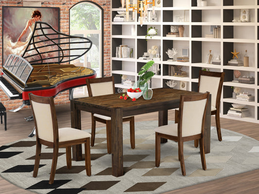 5-Piece Distressed Jacobean Dining Set with 4 Light Beige Chairs
