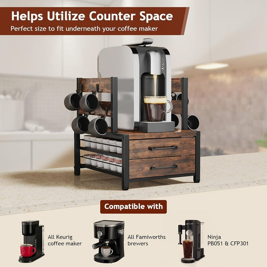 2-Tier Coffee Pod Organizer with Drawer and Mug Storage