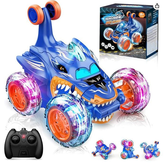 Shark RC Stunt Car with LED Lights and 360° Rotation – Blue