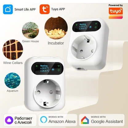 WiFi Digital Socket Thermostat Smart Tuya Plug Temperature Controller Programmable Countdown Timer Heating Cooling Alexa Google
