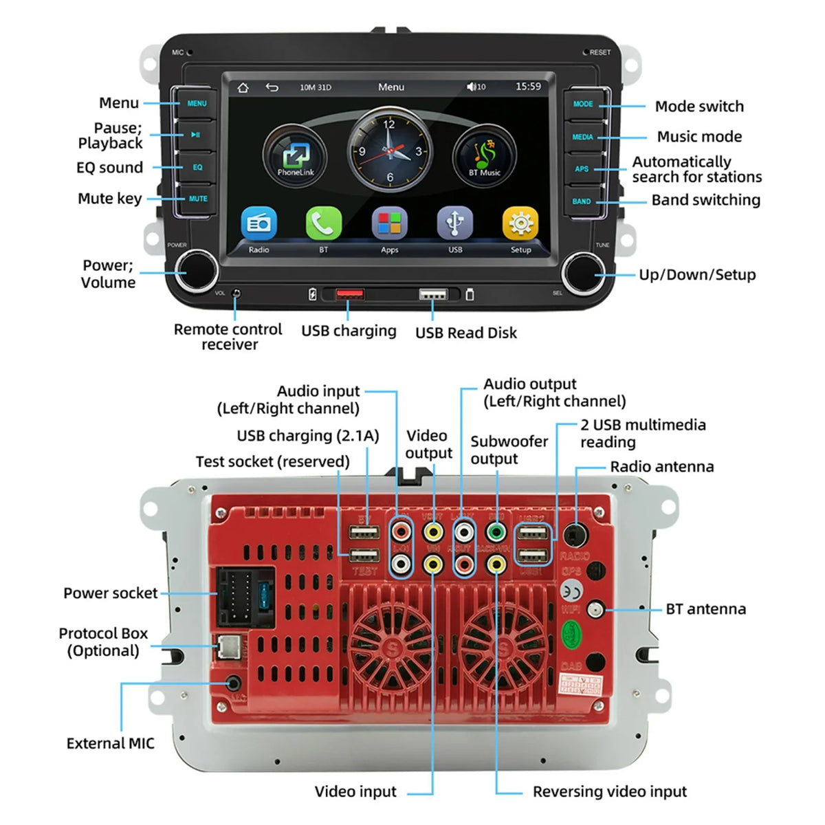 7 Inch Car Stereo MP5 Player Touchcreen BT AM/FM Radio Receiver with Android Auto Carplay Support Hands-Free Calling USB Charge