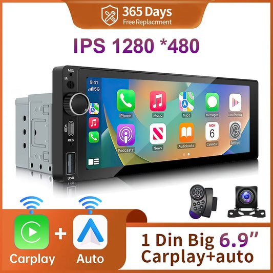 IPS 6.9 Inch 1Din Wireless Or wired Carplay Android Auto Car Radio Multimedia MP5 Player 1 Din DVD Bluetooth Stereo USB Charging