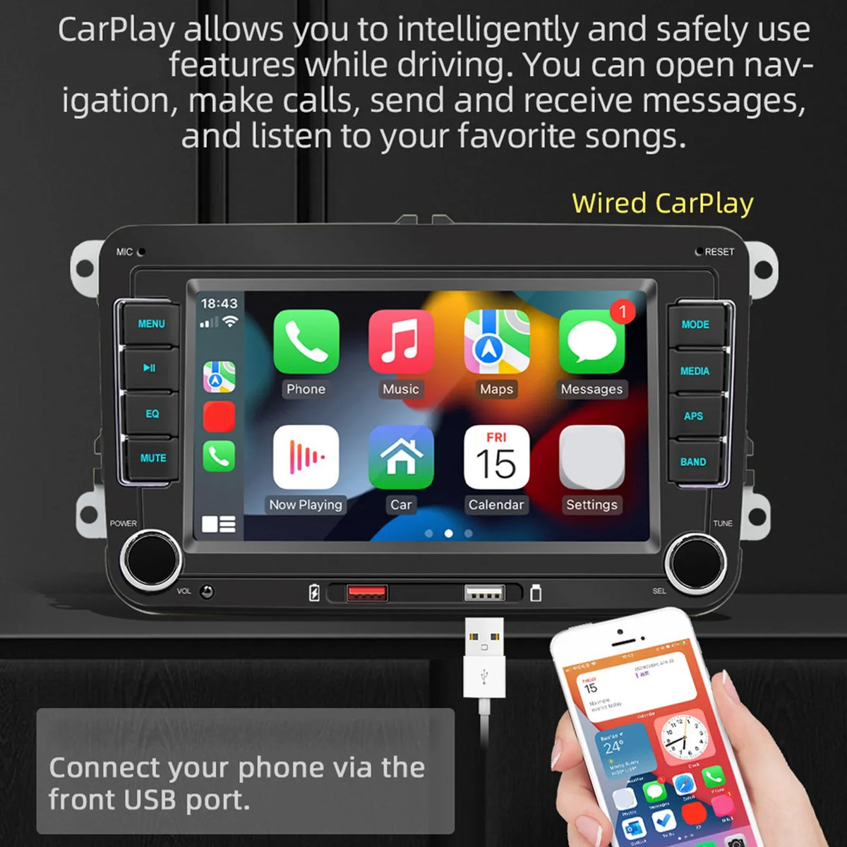 7 Inch Car Stereo MP5 Player Touchcreen BT AM/FM Radio Receiver with Android Auto Carplay Support Hands-Free Calling USB Charge