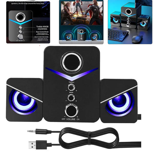CURUK 2.1 USB Desktop Speaker System - Subwoofer + 2 Satellites, 3.5mm, LED, 10W, Black