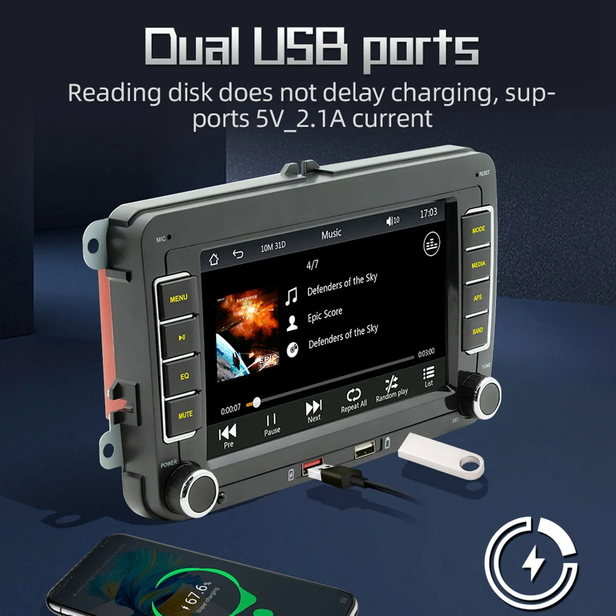 7 Inch Car Stereo MP5 Player Touchcreen BT AM/FM Radio Receiver with Android Auto Carplay Support Hands-Free Calling USB Charge