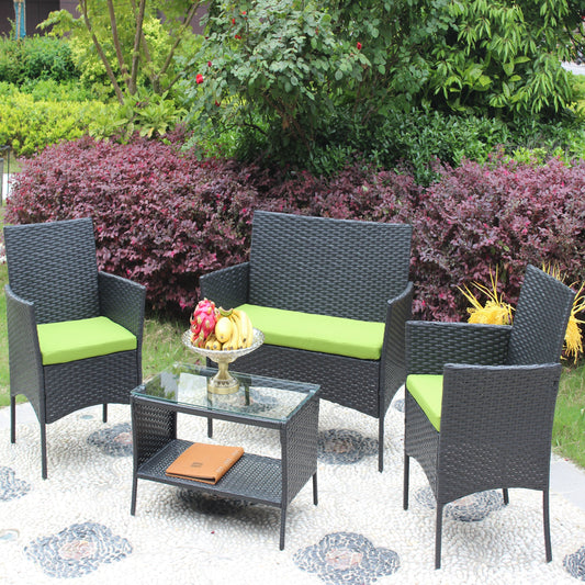 4-Piece Rattan Patio Sofa Set with Green Cushions