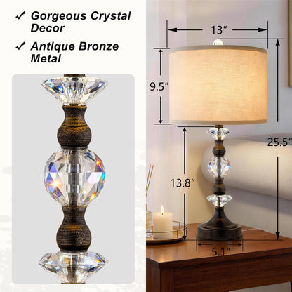 Crystal Table Lamp with 3-Way Dimmable Light and USB Type-C Ports, Set of 2, Antique Bronze