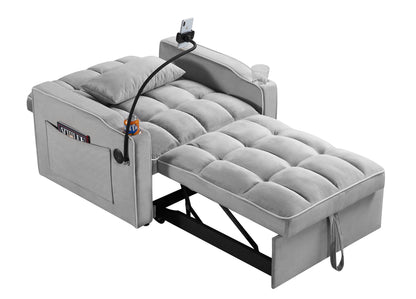 Convertible Sleeper Chair Sofa Bed, Grey Velvet, Pull-Out Single Bed