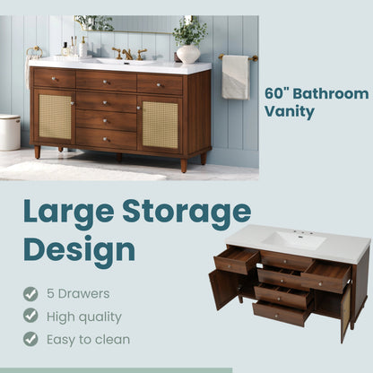 60-Inch Bathroom Vanity with SMC Sink, Brown Solid Wood and MDF, Soft-Close Drawers