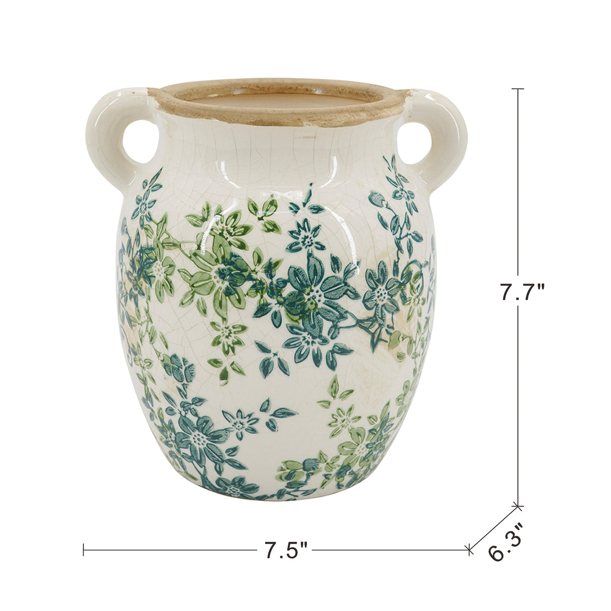 Floral Twin-Handle Ceramic Vase, 7.5 x 6.3 x 7.7 Inches