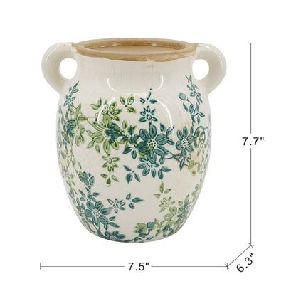Floral Twin-Handle Ceramic Vase, 7.5 x 6.3 x 7.7 Inches