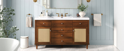 60-Inch Bathroom Vanity with SMC Sink, Brown Solid Wood and MDF, Soft-Close Drawers