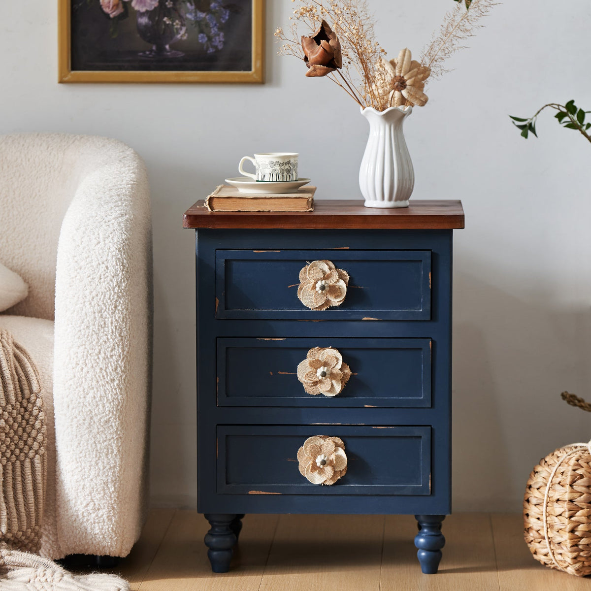 Vintage Farmhouse Nightstand with Floral Knobs, 3 Drawers, Antique Blue