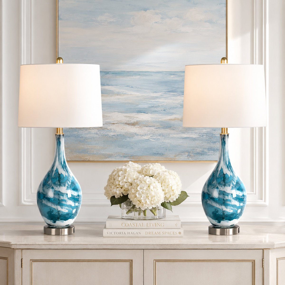 28" Modern Blue Glass Table Lamp with USB Port, Set of 2