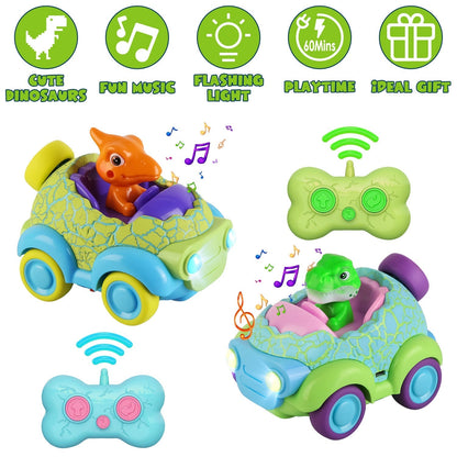 2Pack Dinosaur Remote Control Cars for Toddlers Rechargeable RC Cars with Light Music Birthday Gift For Boys Girls Aged 3 4 5 6 Years Old