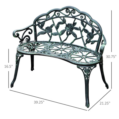 Outsunny Cast Aluminum Outdoor Bench, Green, Floral Rose Accent