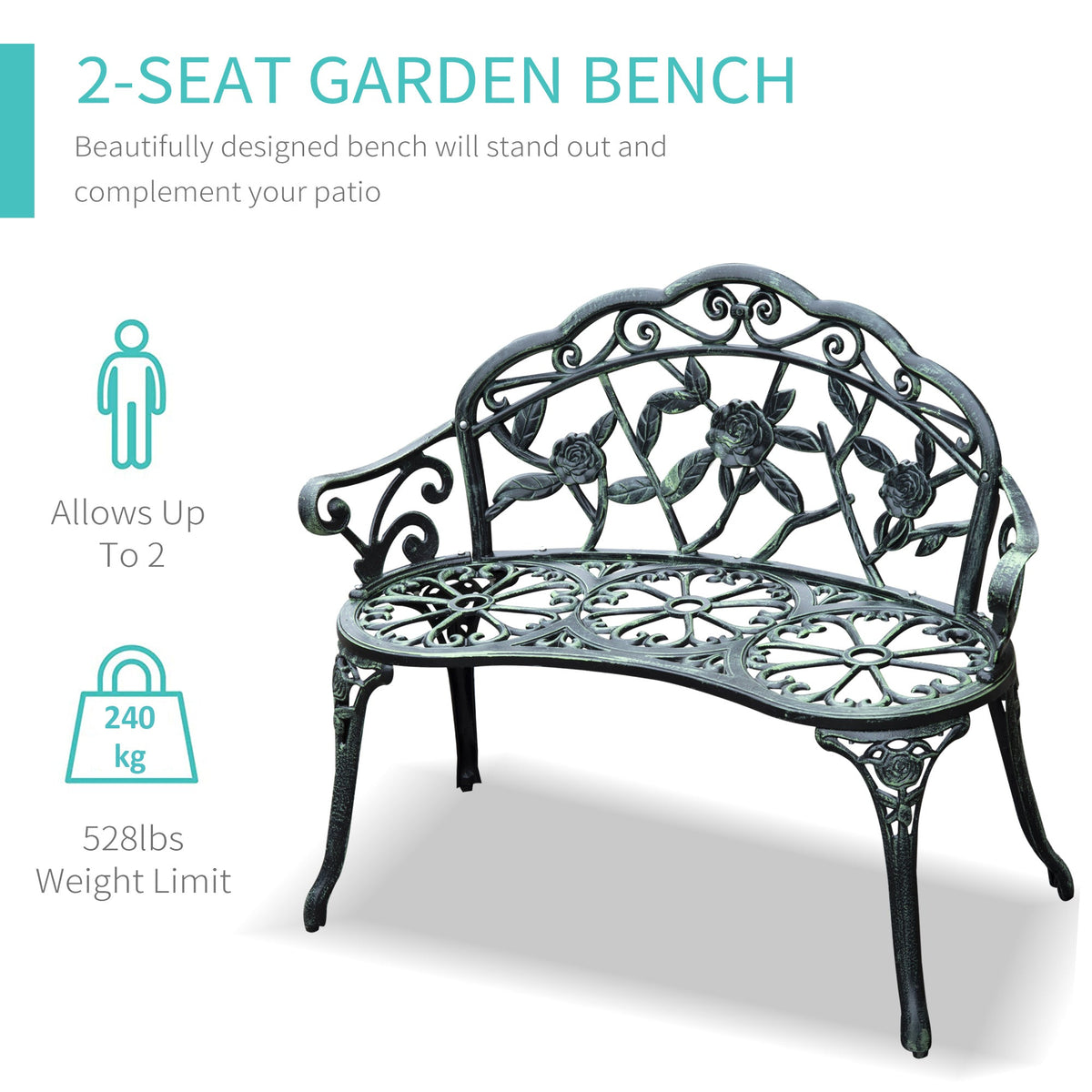 Outsunny Cast Aluminum Outdoor Bench, Green, Floral Rose Accent