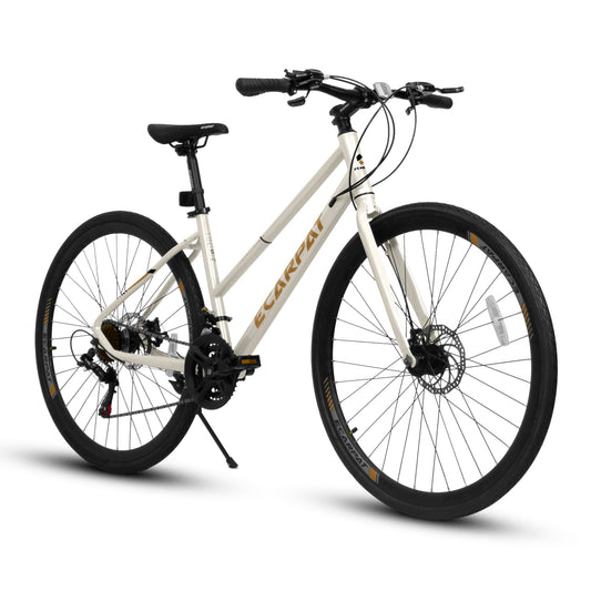 700C Cream UrbanRide Road Bicycle – 21-Speed, Disc Brakes
