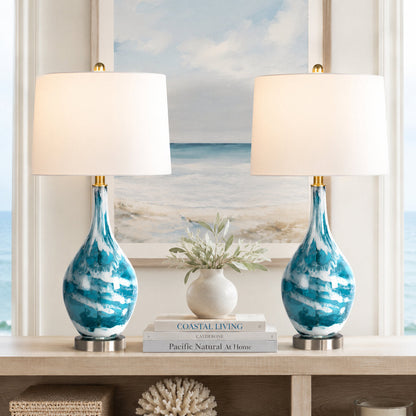 28" Modern Blue Glass Table Lamp with USB Port, Set of 2
