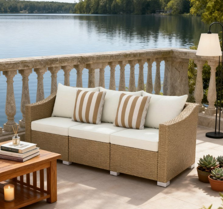 Outdoor Rattan Sofa with Cushions & Throw Pillows