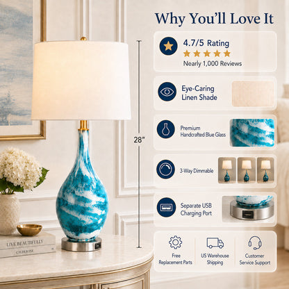 28" Modern Blue Glass Table Lamp with USB Port, Set of 2