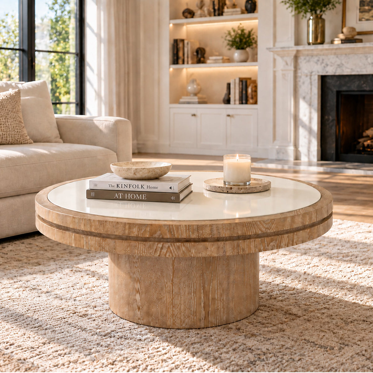 34.25-Inch Square Coffee Table with MDF Pedestal, Gold