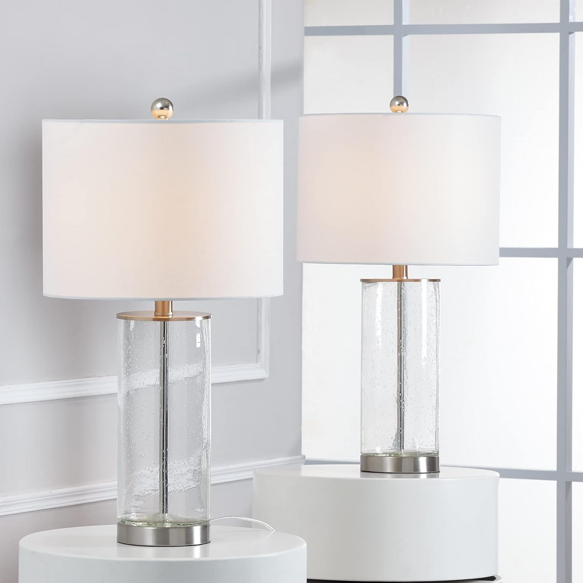 Modern Glass Table Lamps Set of 2, 23.25-Inch Nickel with Clear Bubble Glass, 3-Way Dimmable