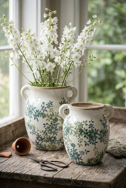 Floral Twin-Handle Ceramic Vase, 7.5 x 6.3 x 7.7 Inches