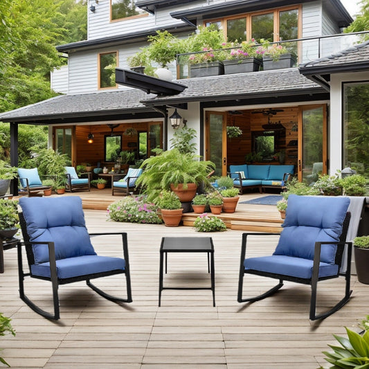 3-Piece Patio Rocking Bistro Set with Blue Cushions