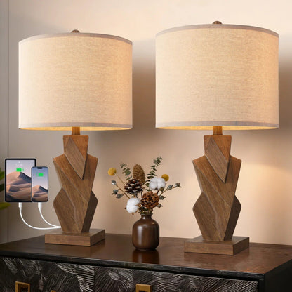 Farmhouse Table Lamps Set of 2, Wood Grain, 24.5-Inch, USB Charging