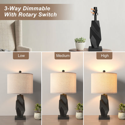 Modern Resin Table Lamp, 24.5-Inch, 3-Way Dimmable with USB and Type-C, Black, Set of 2