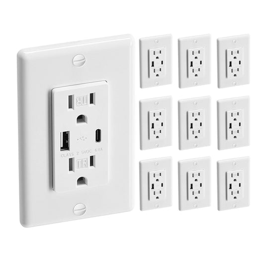 10 PCS USB Outlet 24 W 15A Wall Electrical Outlet with 1 Type C & 1 Type A Ports