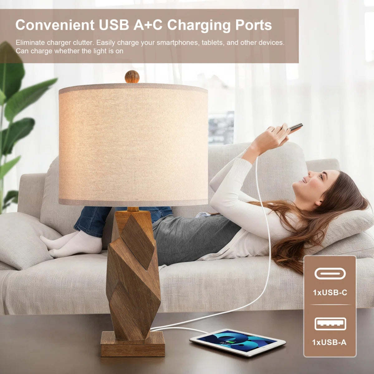 Farmhouse Table Lamps Set of 2, Wood Grain, 24.5-Inch, USB Charging