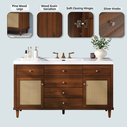 60-Inch Bathroom Vanity with SMC Sink, Brown Solid Wood and MDF, Soft-Close Drawers