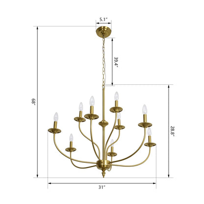 9-Light Dimmable Metal Chandelier with Candle-Style Arms, Gold