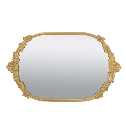 Decorative Mirror Tray with Gold Iron Frame and Floral Accents, 22.7 x 13.6 Inches