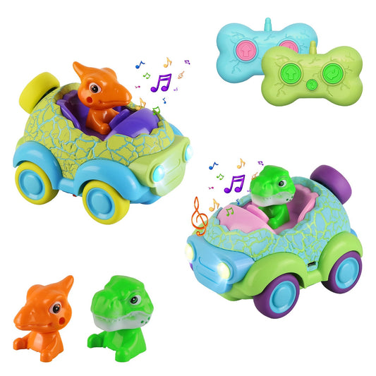 2-Pack Dinosaur RC Cars for Toddlers – Rechargeable with Lights & Music