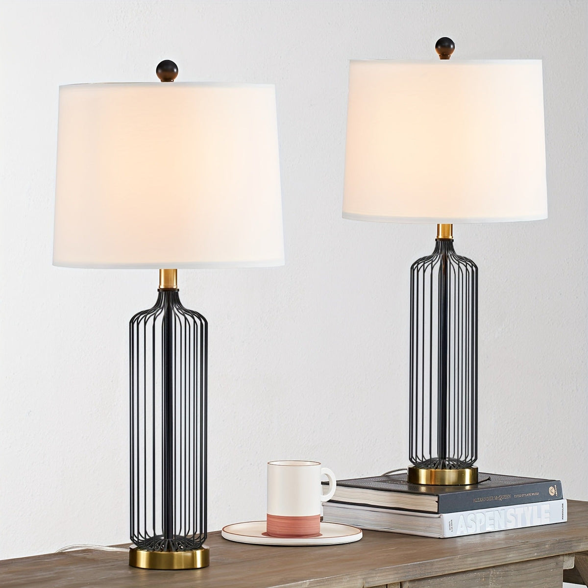 28-Inch Cage Table Lamp Set of 2, Black Metal with 3-Way Dimmable