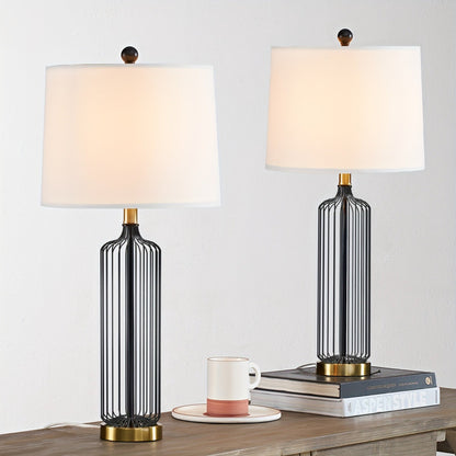 28-Inch Cage Table Lamp Set of 2, Black Metal with 3-Way Dimmable