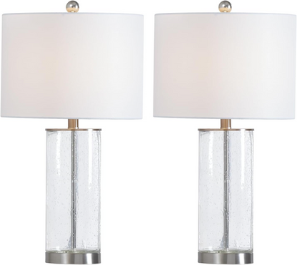 Modern Glass Table Lamps Set of 2, 23.25-Inch Nickel with Clear Bubble Glass, 3-Way Dimmable