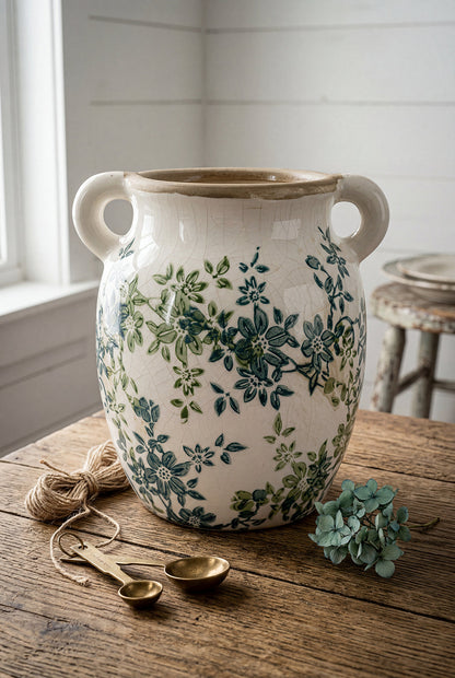 Floral Twin-Handle Ceramic Vase, 7.5 x 6.3 x 7.7 Inches
