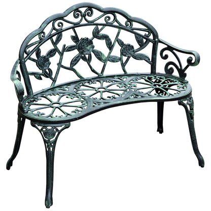 Outsunny Cast Aluminum Outdoor Bench, Green, Floral Rose Accent