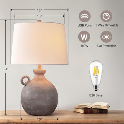 24-Inch Farmhouse Table Lamp, Resin Base with USB Port, Brown