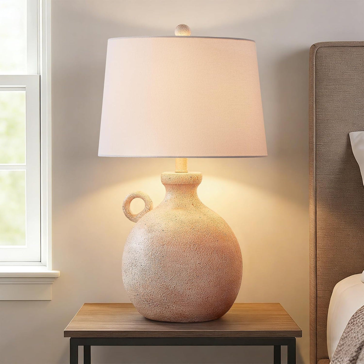24-Inch Farmhouse Table Lamp, Resin Base with USB Port, Brown