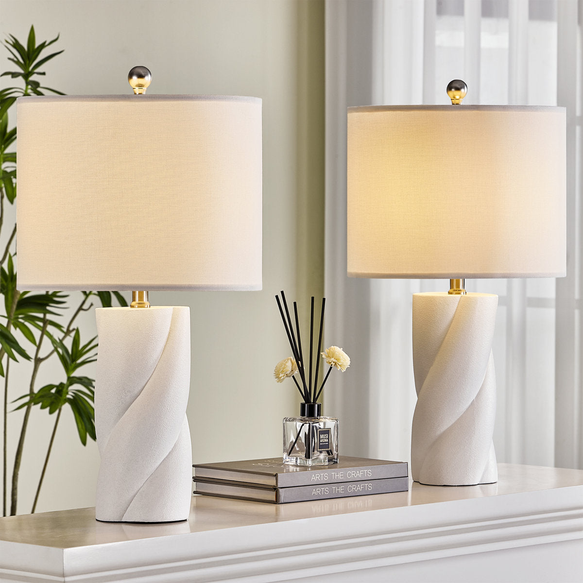 Modern Ceramic Table Lamp, 23.75 Inches, White, Set of 2