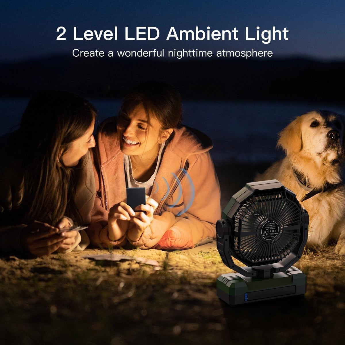 Green 3-Feature Camping Fan with Rechargeable Battery Light and Remote
