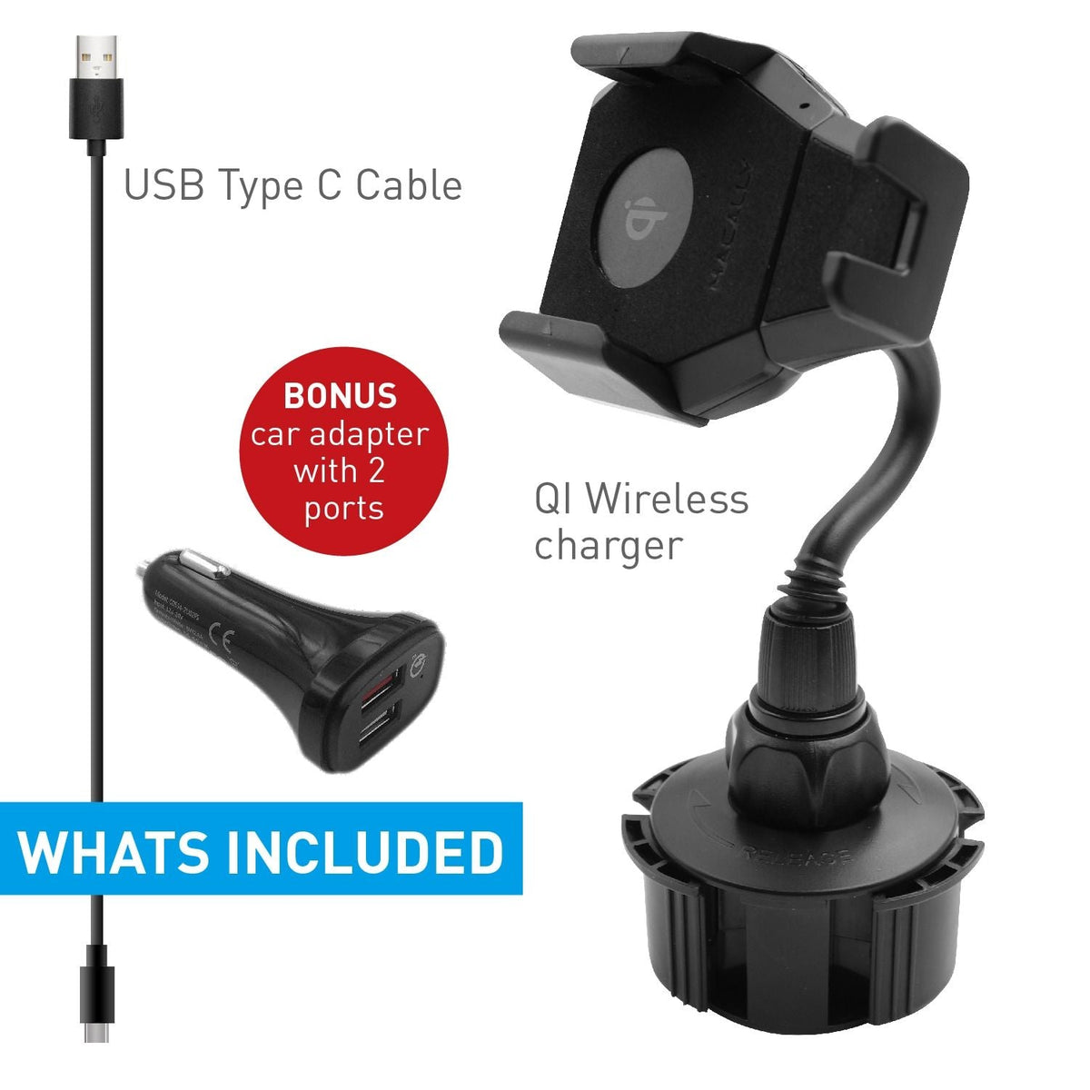 Macally Adjustable Wireless Charging Cup Holder Car Mount MCUPXLQI