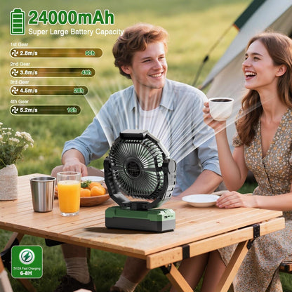 Green 3-Feature Camping Fan with Rechargeable Battery Light and Remote